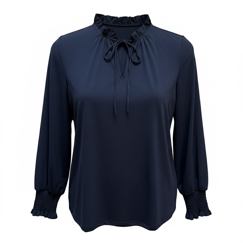 J. McLaughlin Rebecca Navy Blue Ruffle Neck Long Sleeve Blouse W/Tie Size Small